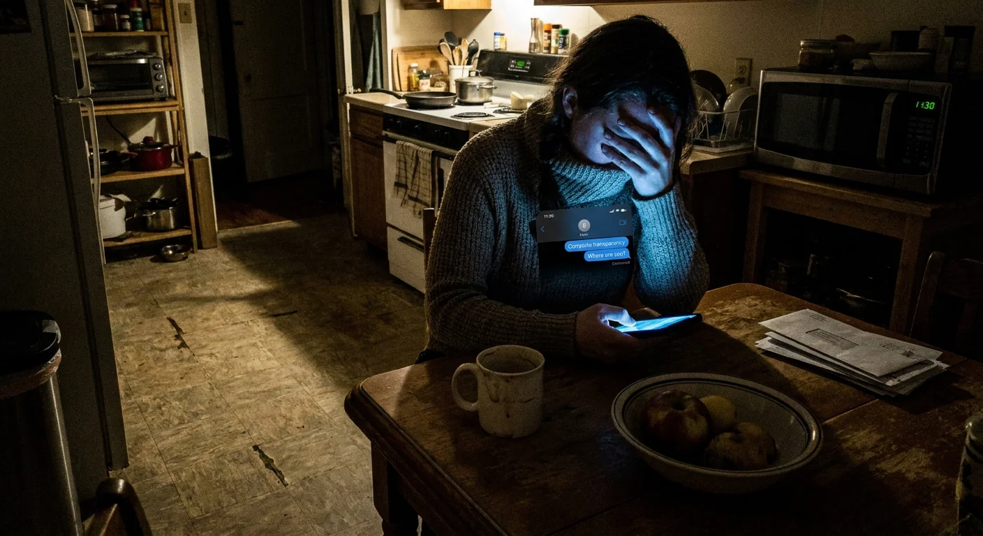 A person sits at a dark kitchen table, their face lit by a phone screen showing a text conversation about transparency.