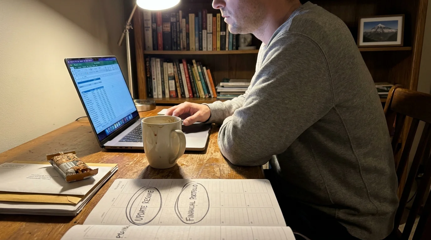 A person working late at a desk with a planner showing 'Update Resume' and 'Financial Portfolio' circled, lit by laptop glow.