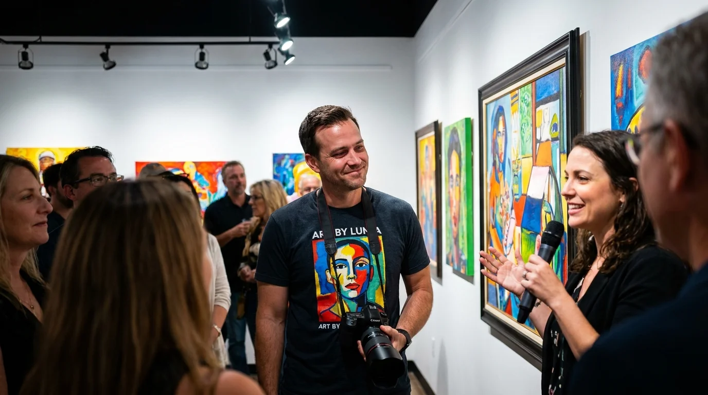 A photo of a man in a gallery looking at his partner with immense pride, wearing a shirt with her artwork on it.