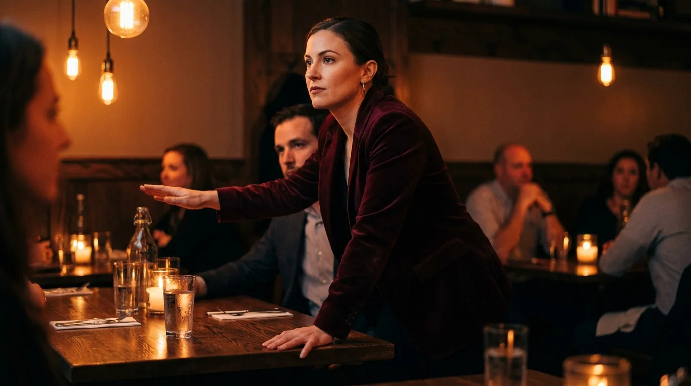 A photo of a poised woman in a restaurant standing assertively to protect her partner, showing her hidden 'warrior' side.