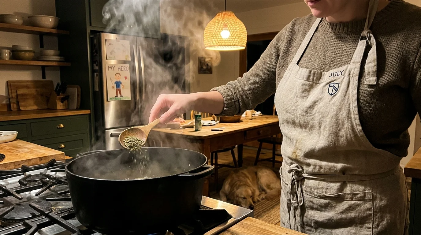 A photograph of a person cooking in a warm, dimly lit kitchen, evoking a sense of home and protection.