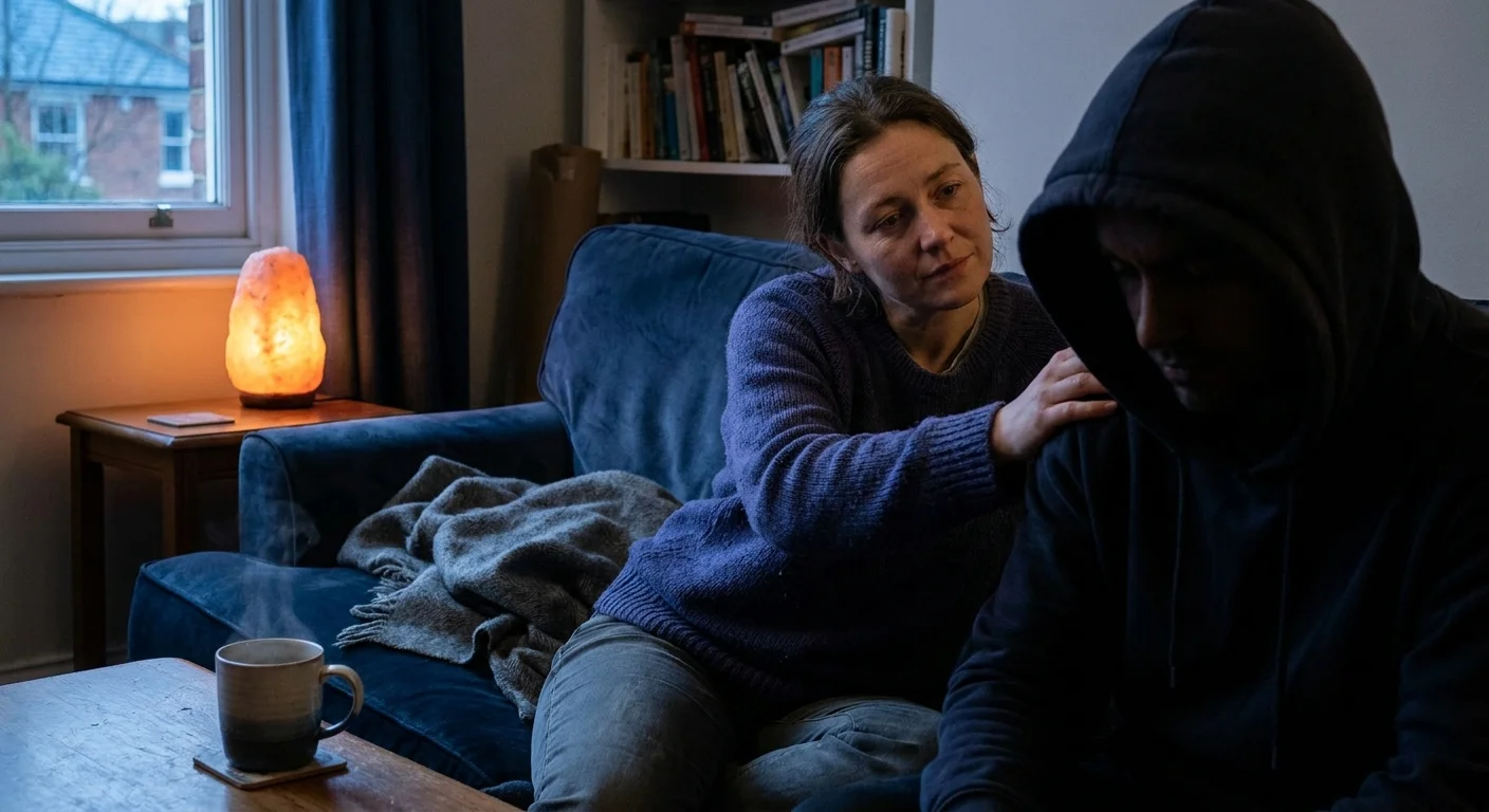 A photograph of a person offering quiet support to a friend in a dimly lit, cozy room, capturing a moment of deep empathy.