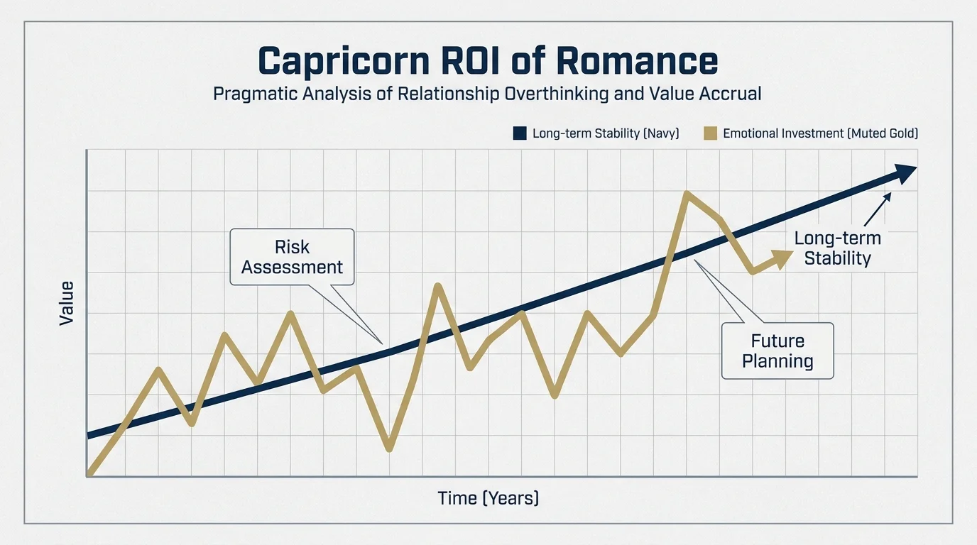 A professional line graph comparing 'Long-term Stability' to 'Emotional Investment,' showing the Capricorn's pragmatic view of love.