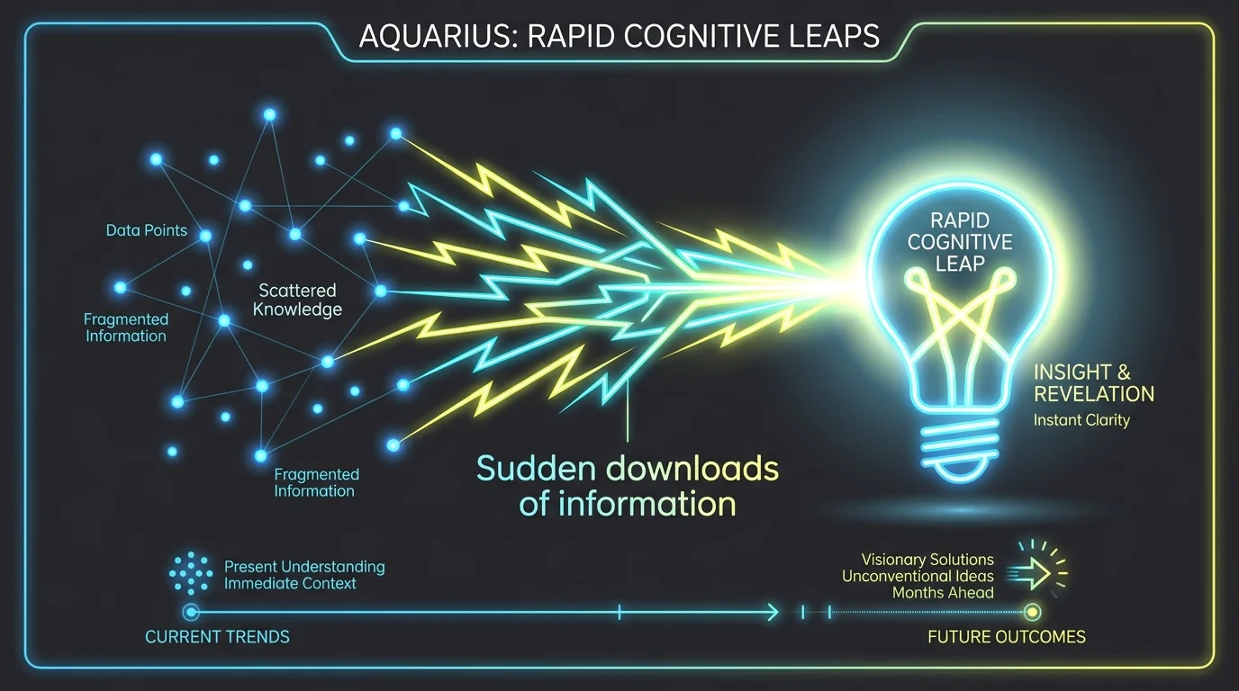 A sleek infographic showing scattered data points converging into a lightning-fast 'download of information' for Aquarius.