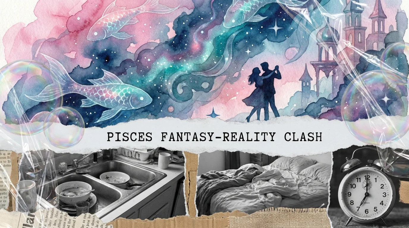 A split-screen collage showing a dreamy celestial dance above and a mundane messy kitchen below, representing the Pisces dilemma.