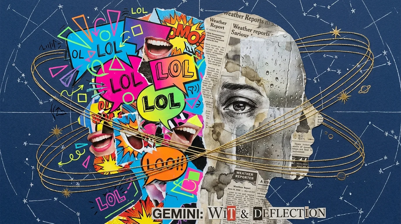 A split silhouette collage: one side is colorful 'LOL' speech bubbles, the other is a quiet, grey monochromatic scene.