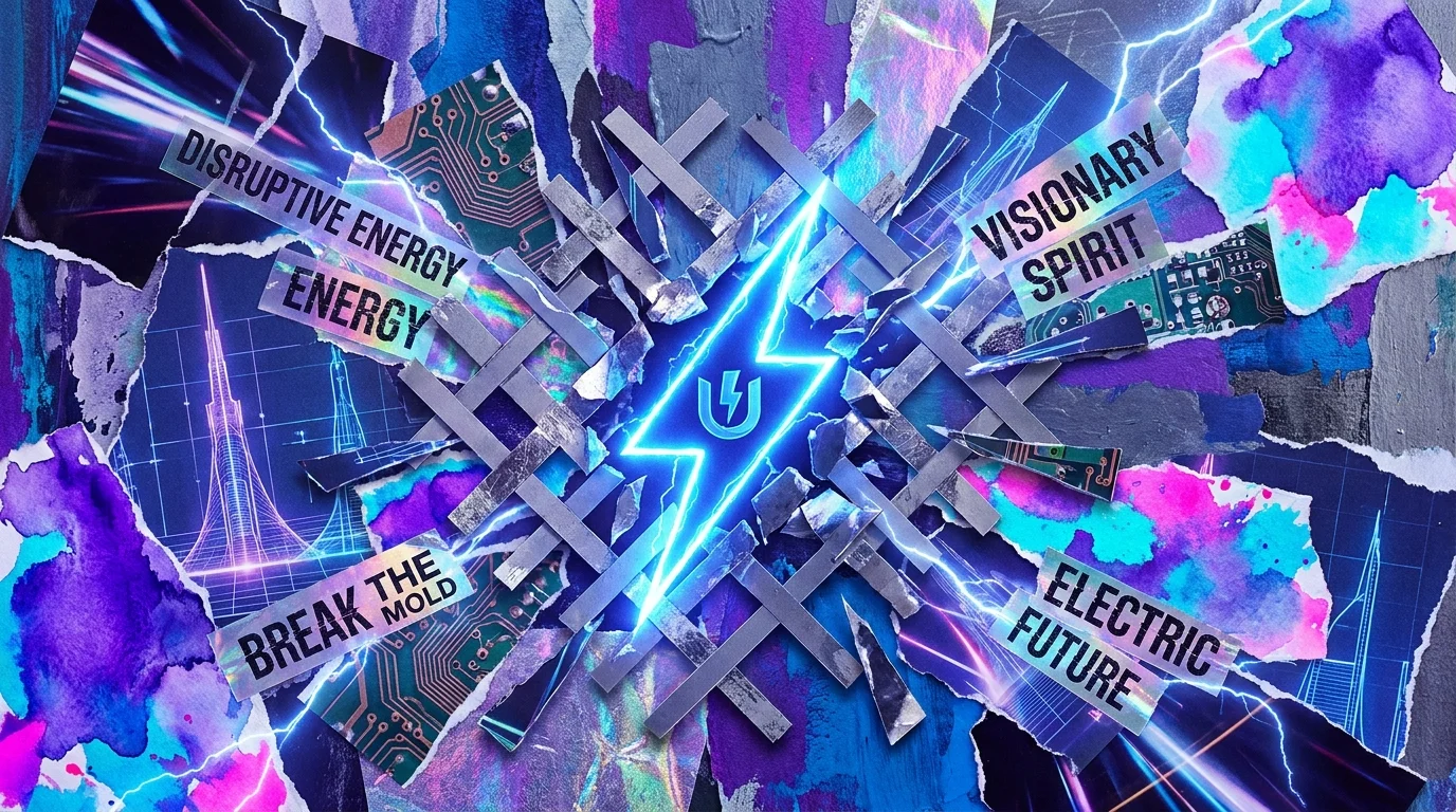 A vibrant collage with a neon lightning bolt shattering a grey grid, featuring circuit patterns and text about visionary spirit.