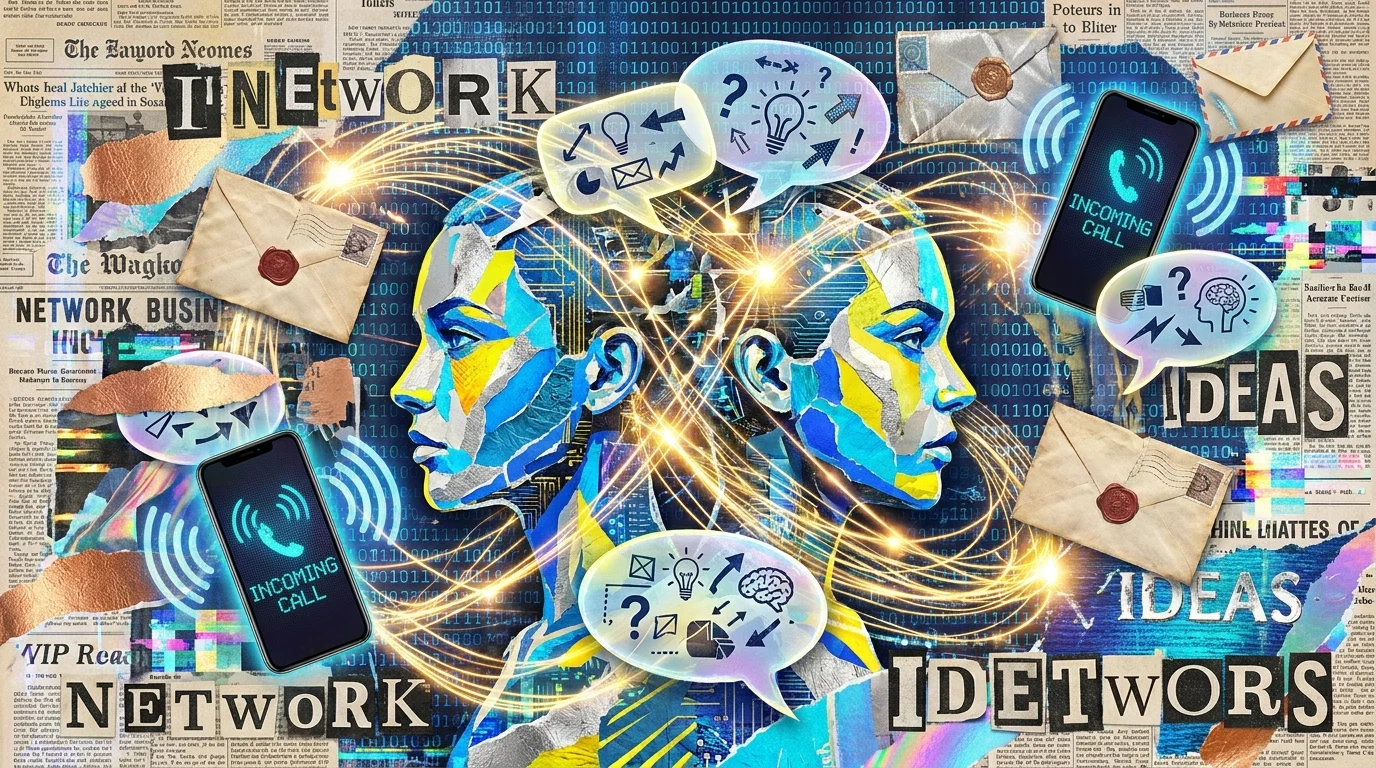 A vibrant digital collage of twin profiles connected by a web of communication icons and golden threads.