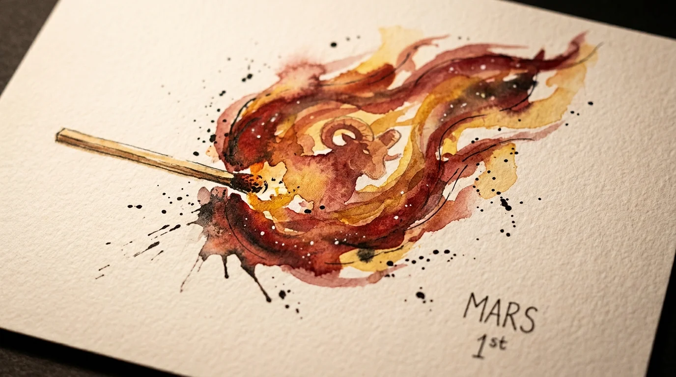 A watercolor illustration of a flaming matchstick where the fire takes the shape of a ram, symbolizing Aries' energetic new beginnings.