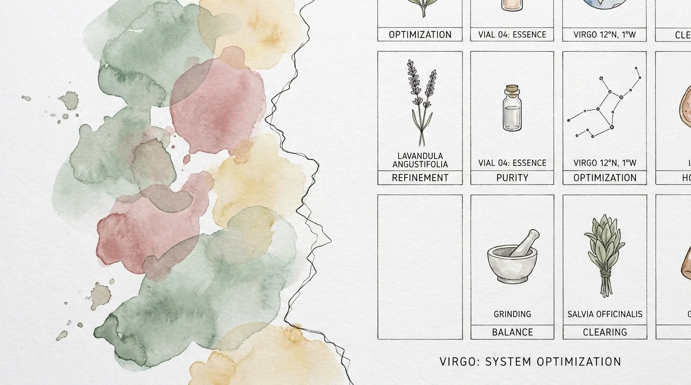 A watercolor illustration of a workspace transitioning from chaos to a perfectly organized grid of herbs and notes, showing Virgo's precisio