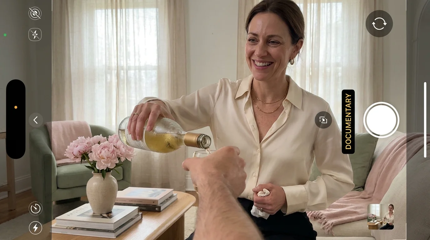 A woman laughing and pouring wine in a beautiful room, but her eyes look tired and she is gripping a napkin tightly behind her back.