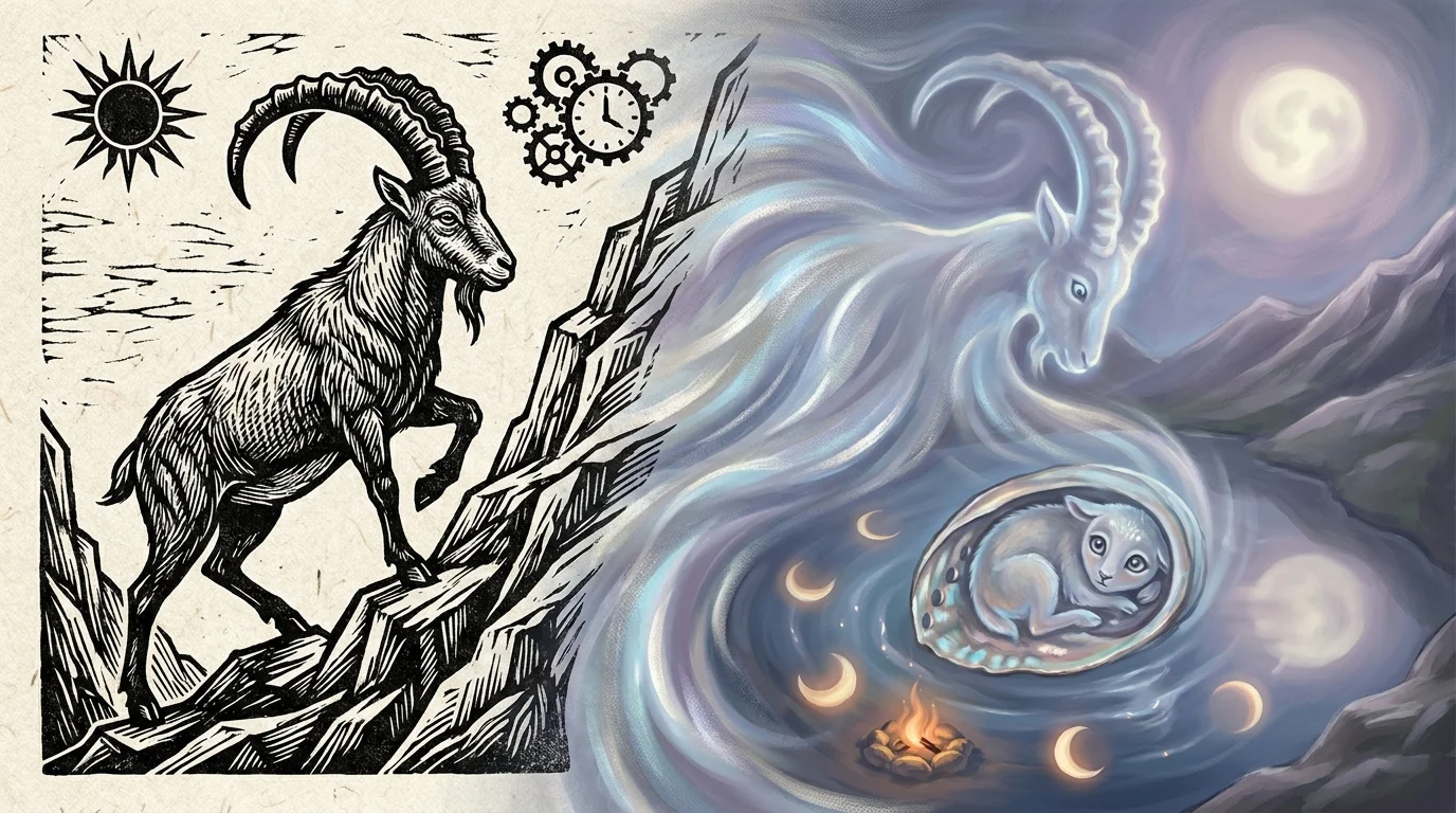 A woodcut of a mountain goat looking into a pool that reflects a soft, lunar-lit version of itself.