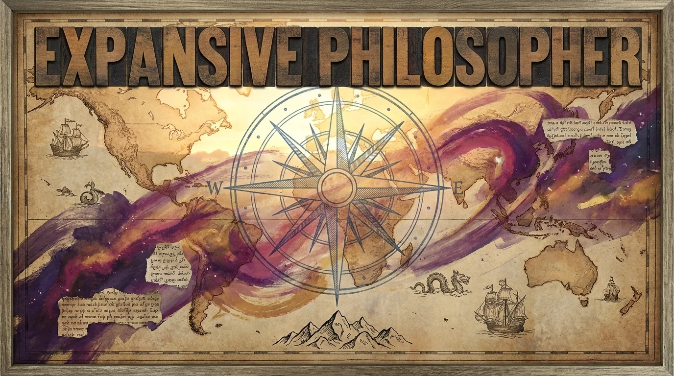 An adventurous collage with a world map, a compass rose, and purple nebula-like paint strokes.