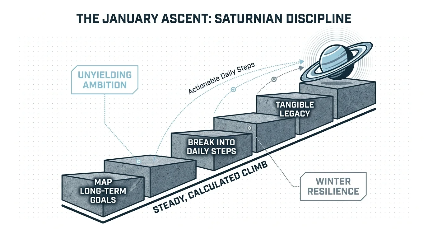 An editorial diagram showing a staircase of granite blocks labeled with January's ambitious traits leading toward the planet Saturn.