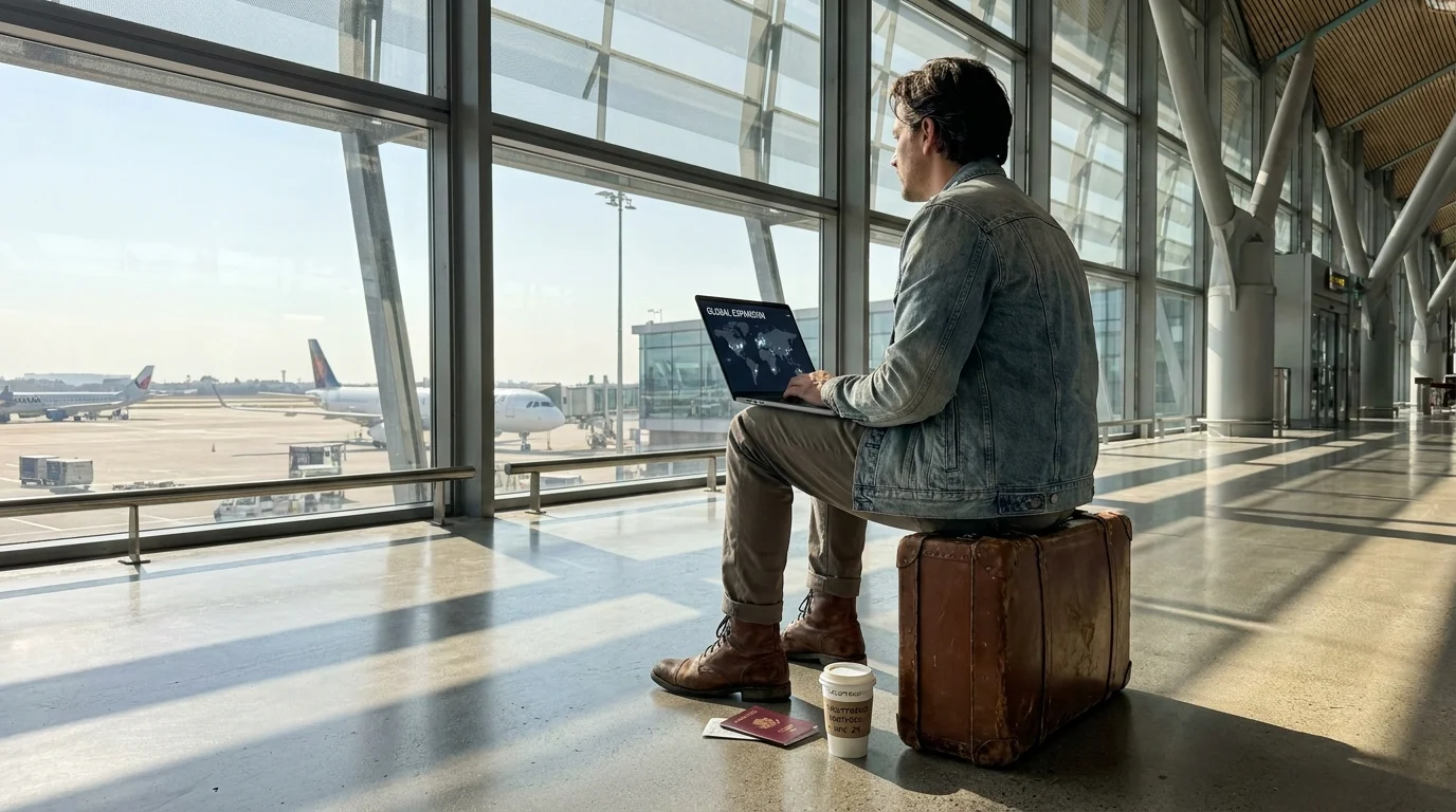 An entrepreneur with a laptop and suitcase at an airport terminal, looking at a global expansion map.