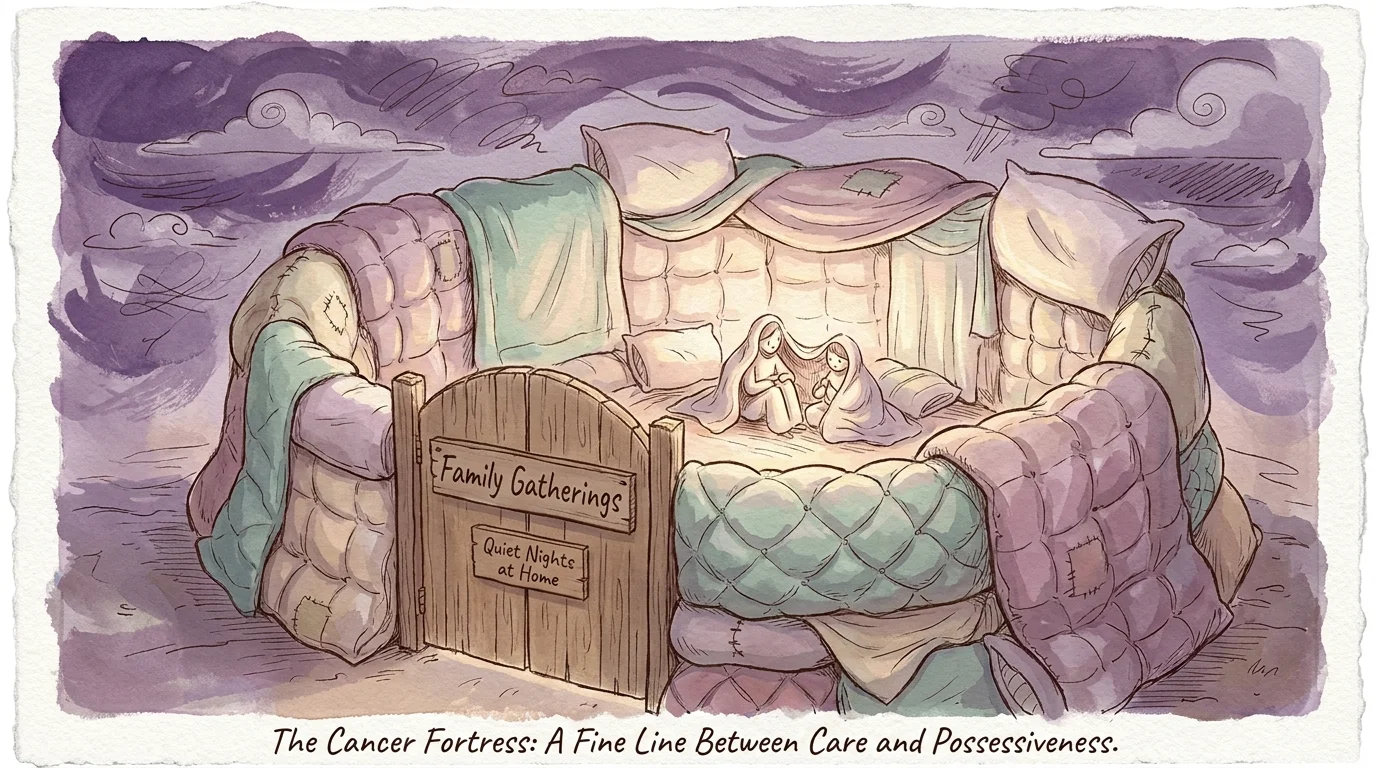 An illustration of a soft pillow fortress labeled 'Family Gatherings' and 'Quiet Nights' protecting two figures.