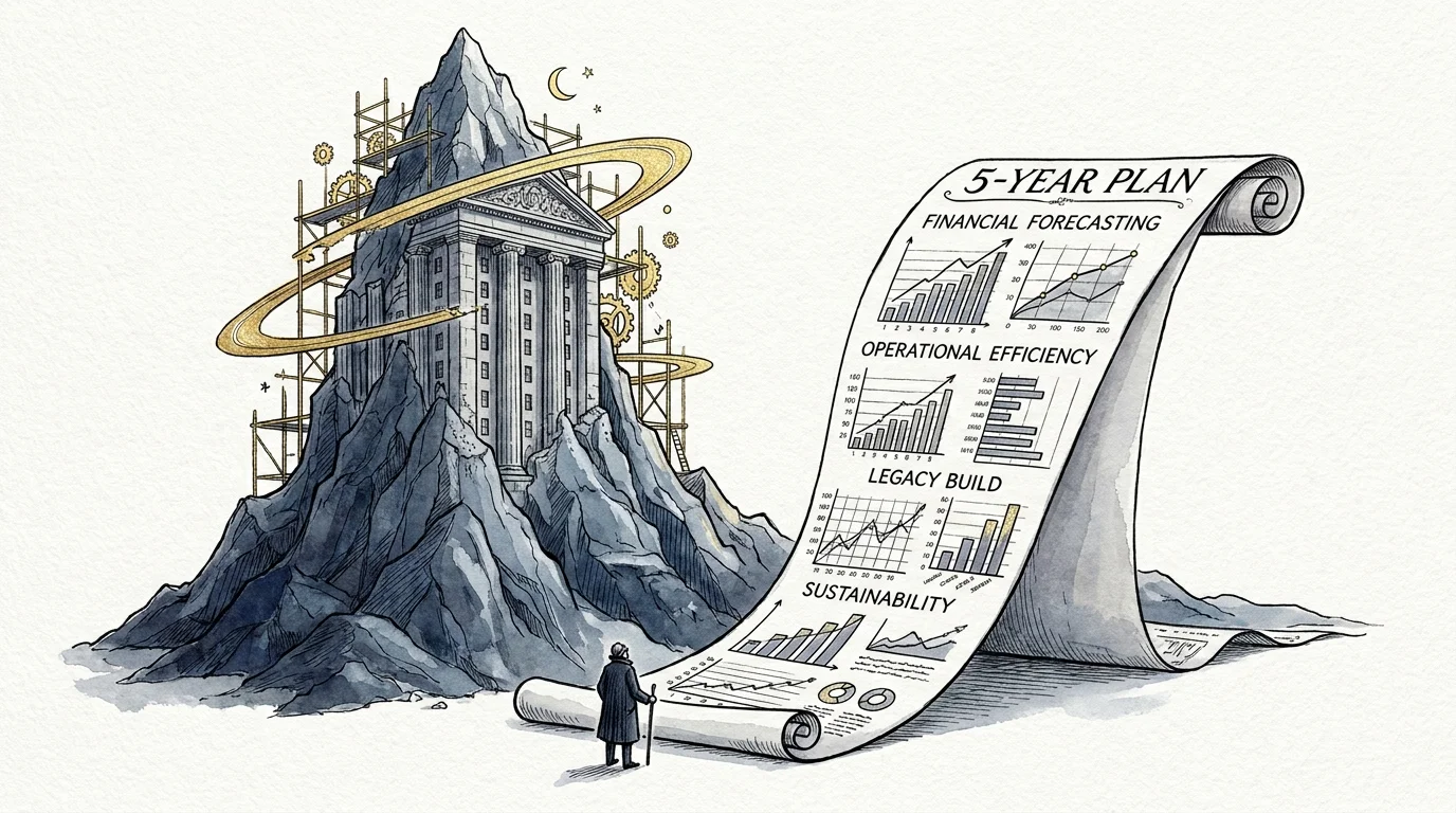 An ink and watercolor illustration of a mountain being built into a skyscraper with Saturn-like scaffolding and a 5-year plan.