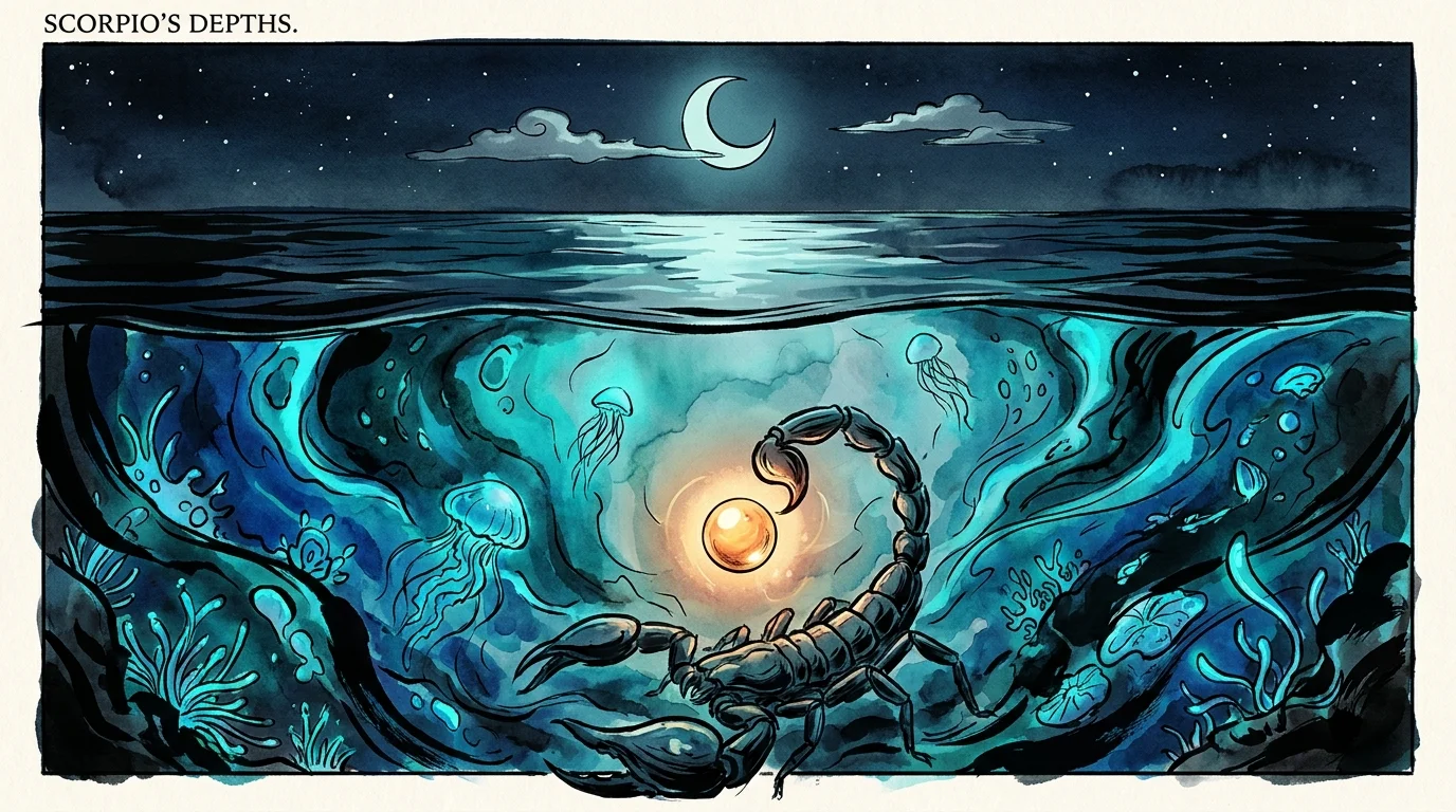 An ink and watercolor split-view of a calm dark lake surface and a deep, turbulent underwater world with a glowing pearl.