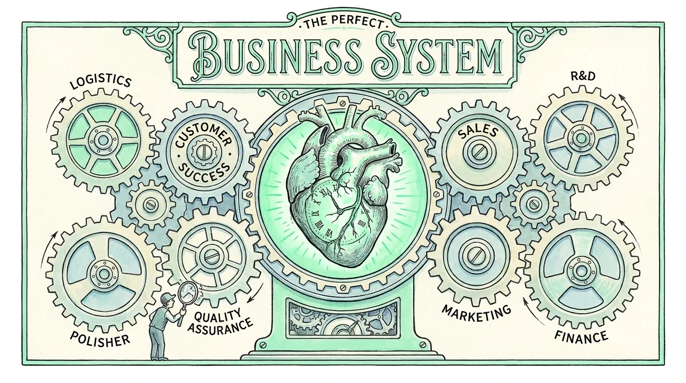 An intricate illustration of a mechanical system with gears labeled for business logistics and quality assurance.