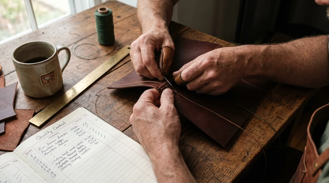 Close-up of artisan hands stitching leather at a wooden desk with a quality control ledger nearby.