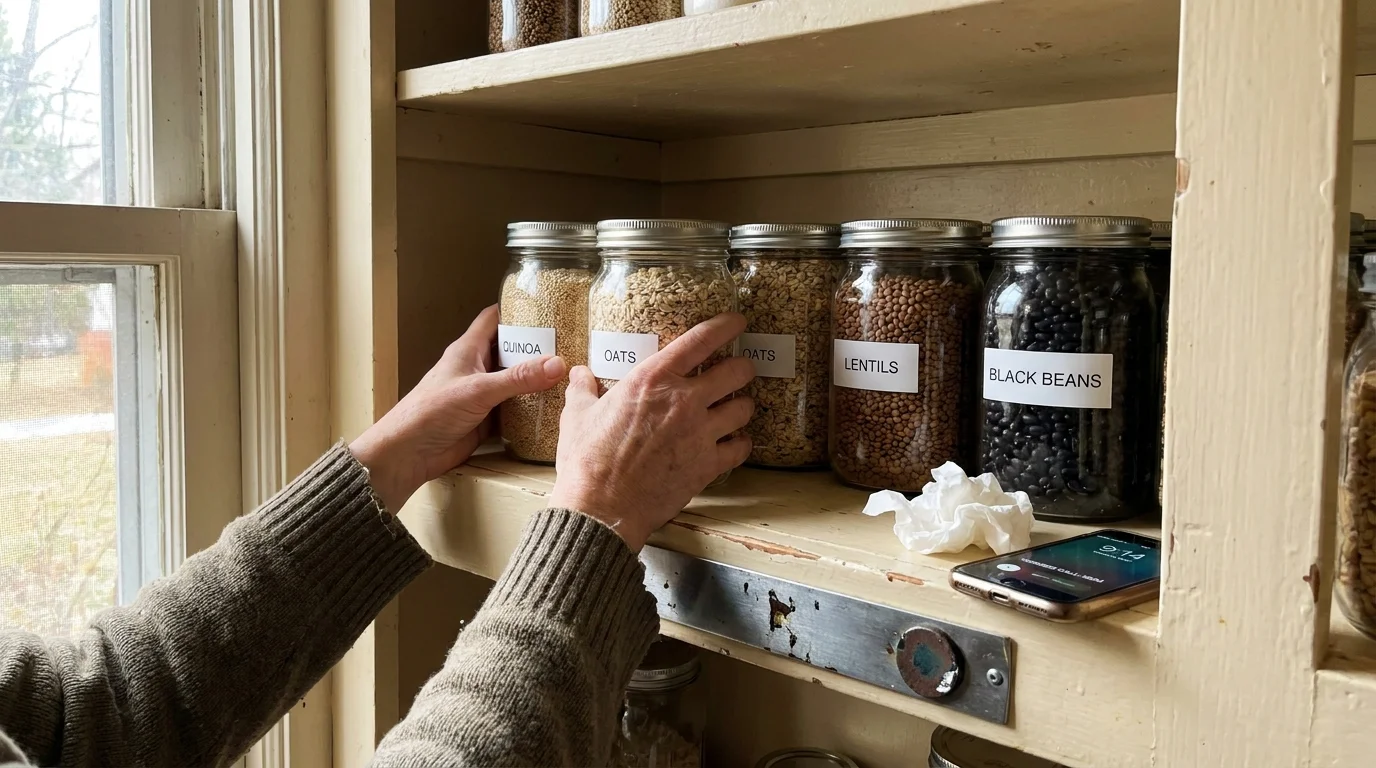 Close-up of hands meticulously color-coding and labeling glass jars in a kitchen pantry during a moment of stress.