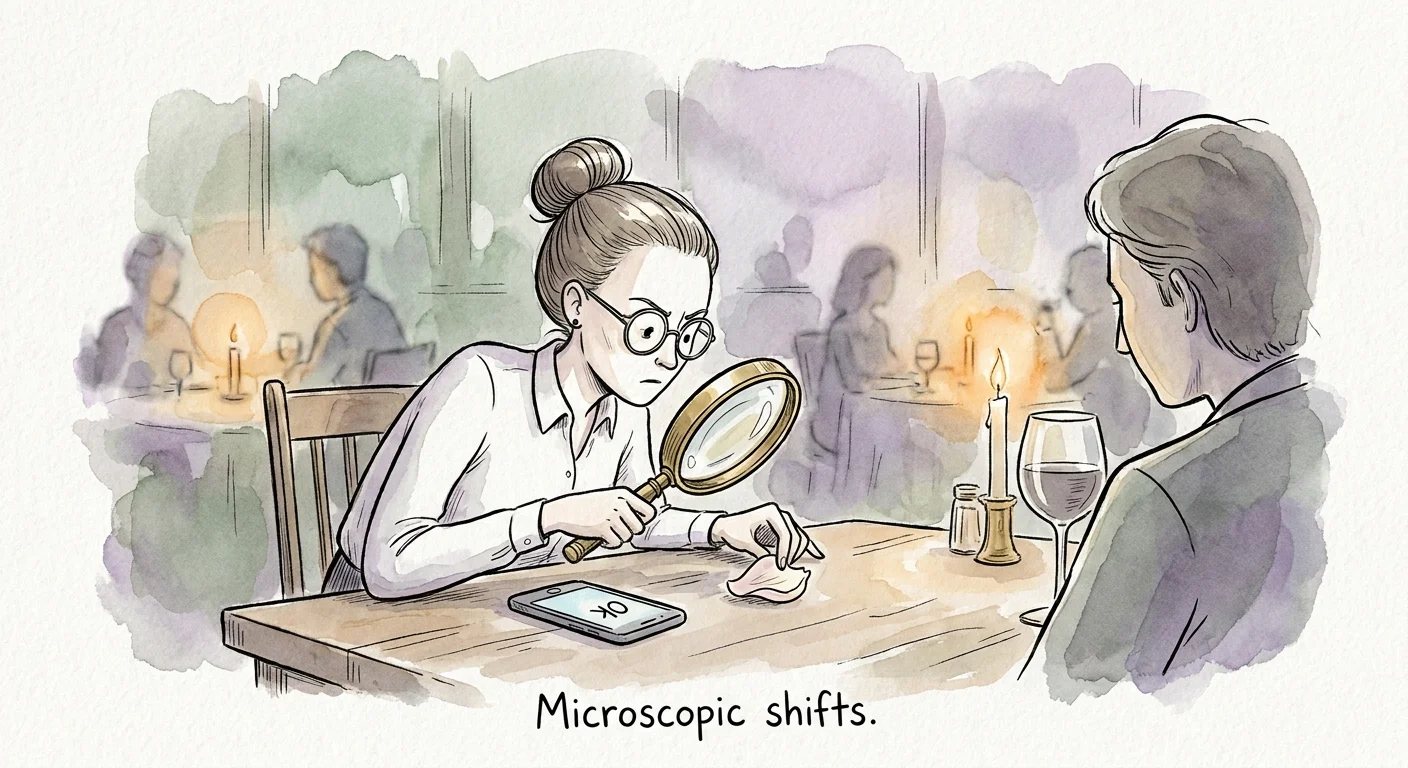 Ink and watercolor illustration of a person using a magnifying glass to inspect a flower at dinner, representing Virgo's scrutiny.