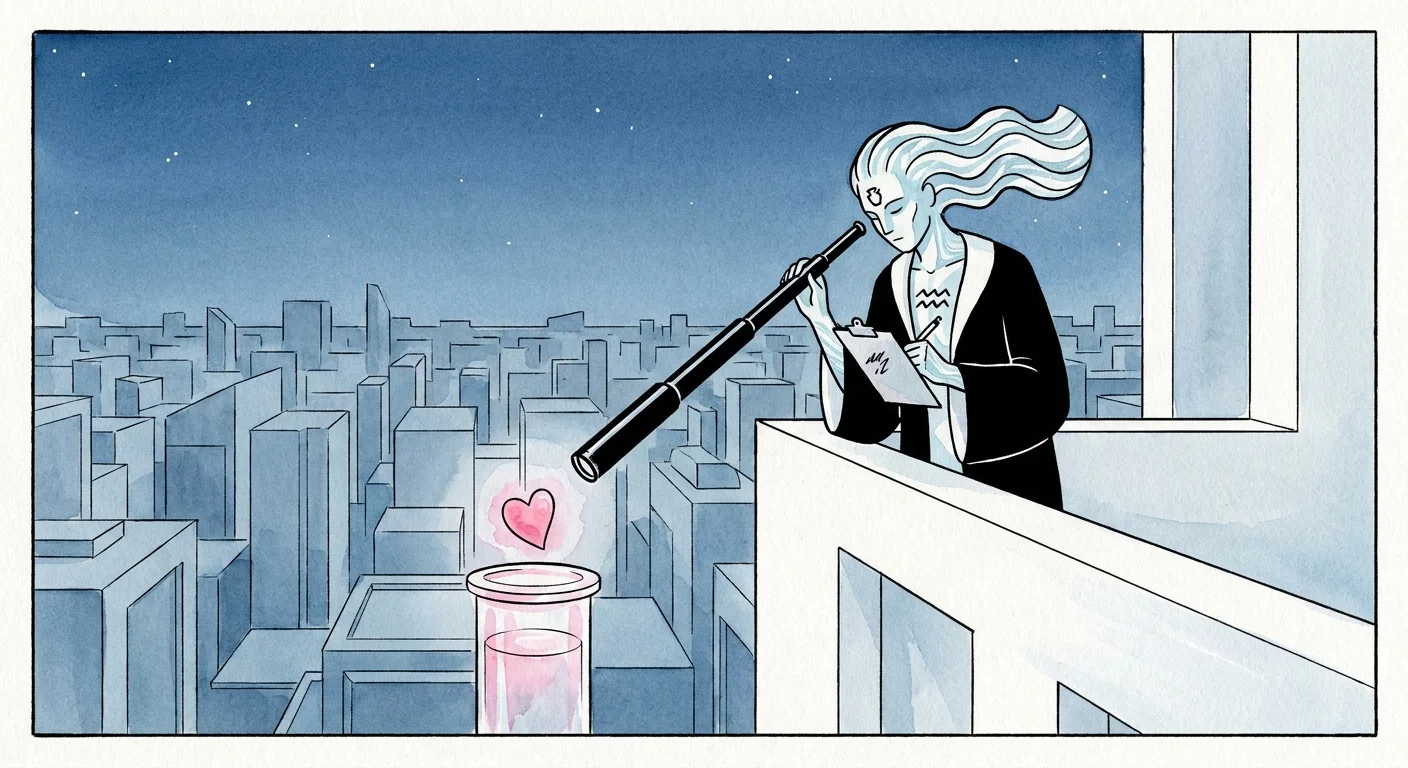 Minimalist illustration of a person observing a heart through a telescope and taking notes, showing Aquarius's emotional detachment.