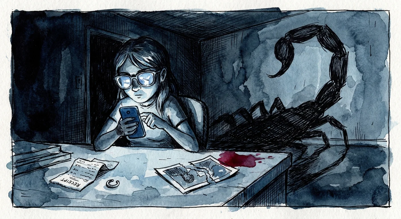 Noir-style illustration of a person investigating clues by the light of a phone, with a scorpion-shaped shadow on the wall.