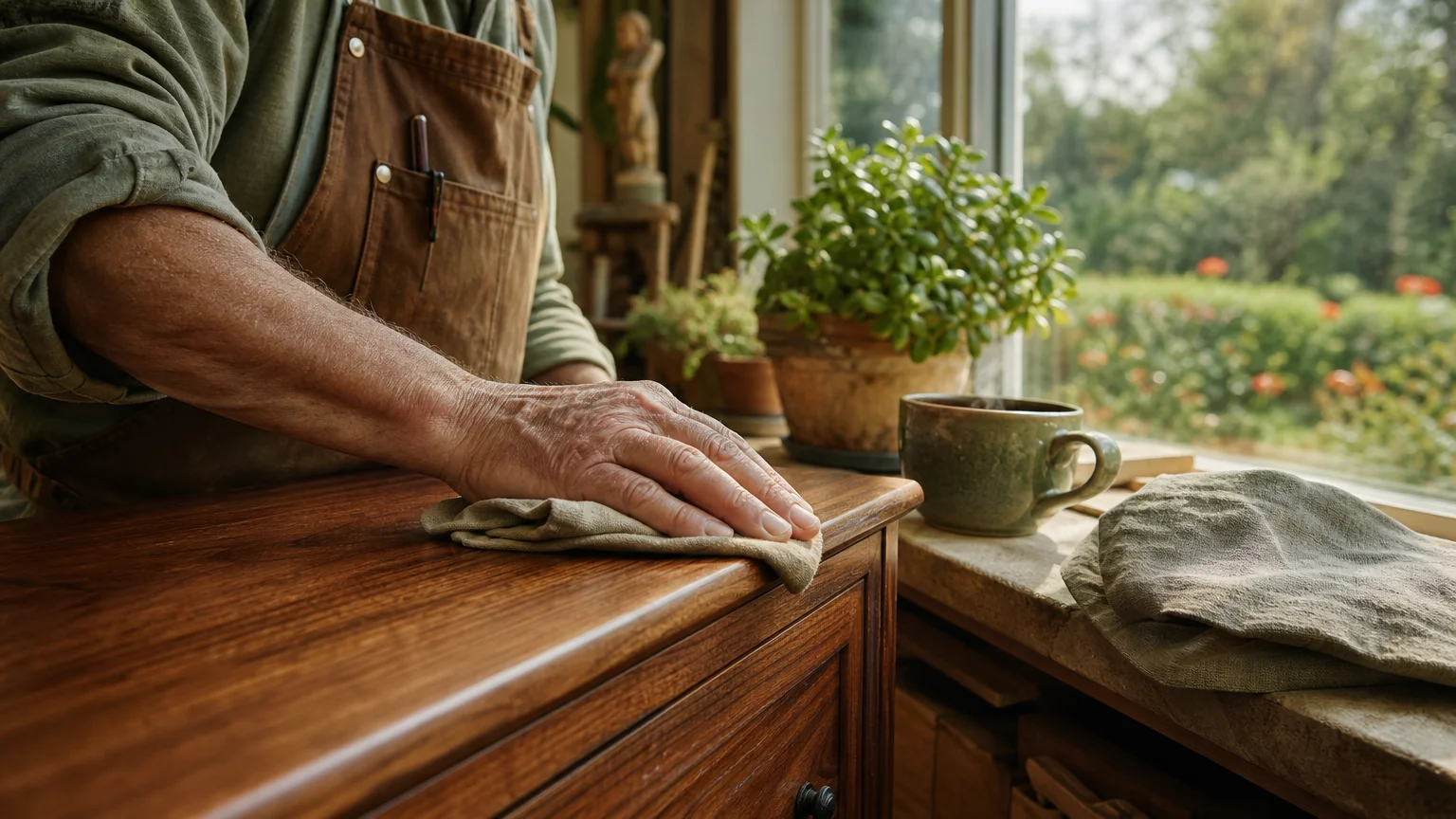 A documentary-style photo of hands working on wood in a sunny room, representing the grounded nature of Taurus.