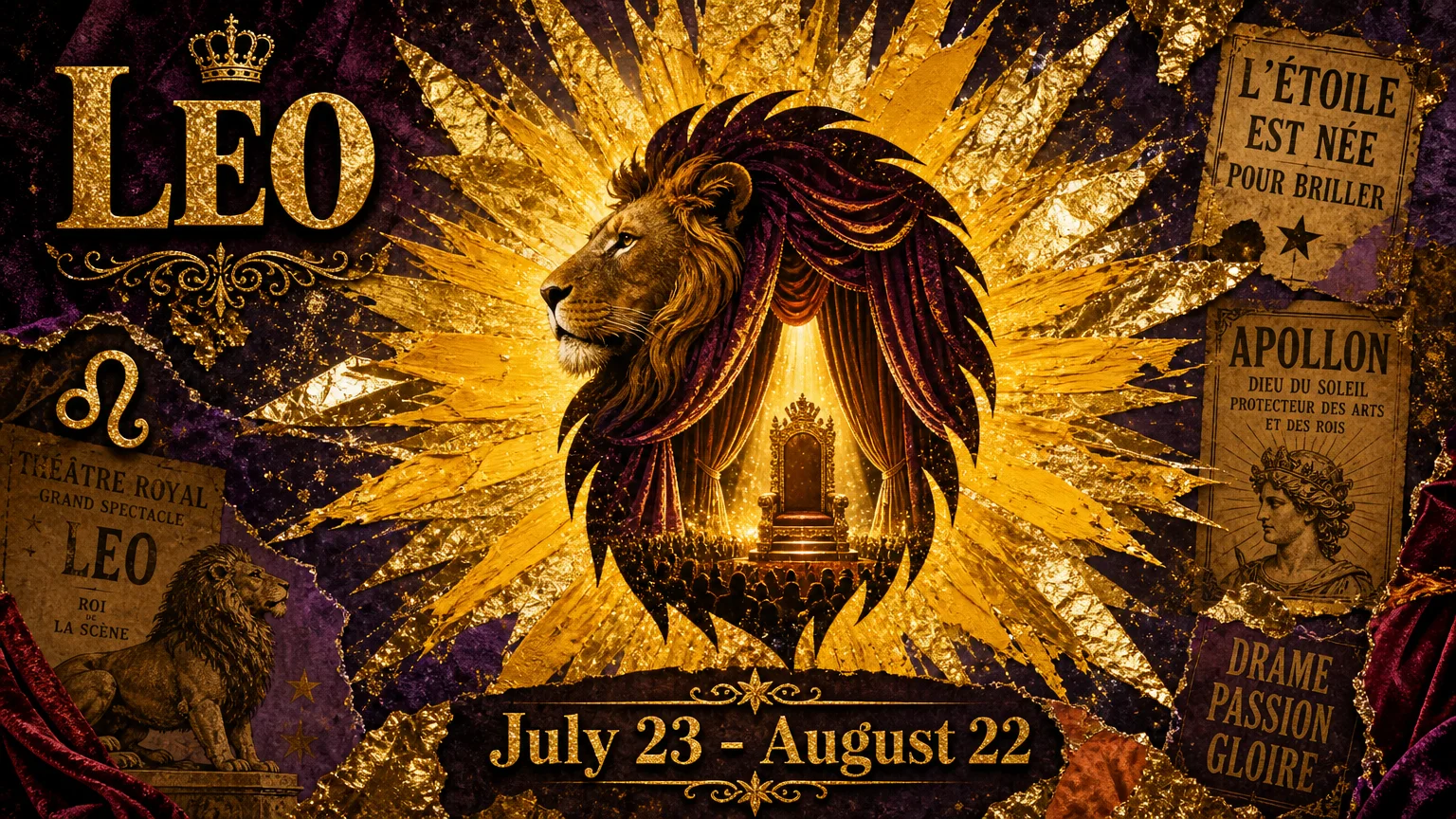 A golden and amber collage featuring a sunburst and the dates July 23 - August 22 for Leo.