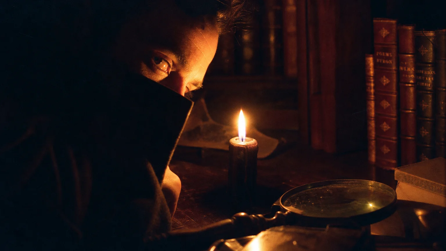 A moody, high-contrast photo of a person by candlelight, representing the mystery of Scorpio.