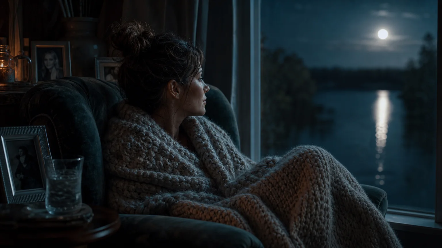 A moonlit photo of a person wrapped in a blanket by a window, evoking the emotional depth of Cancer.