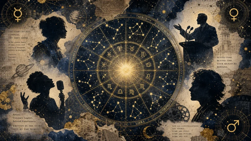 A mystical mixed media collage showing a golden zodiac wheel surrounded by silhouettes of performers and celestial symbols.