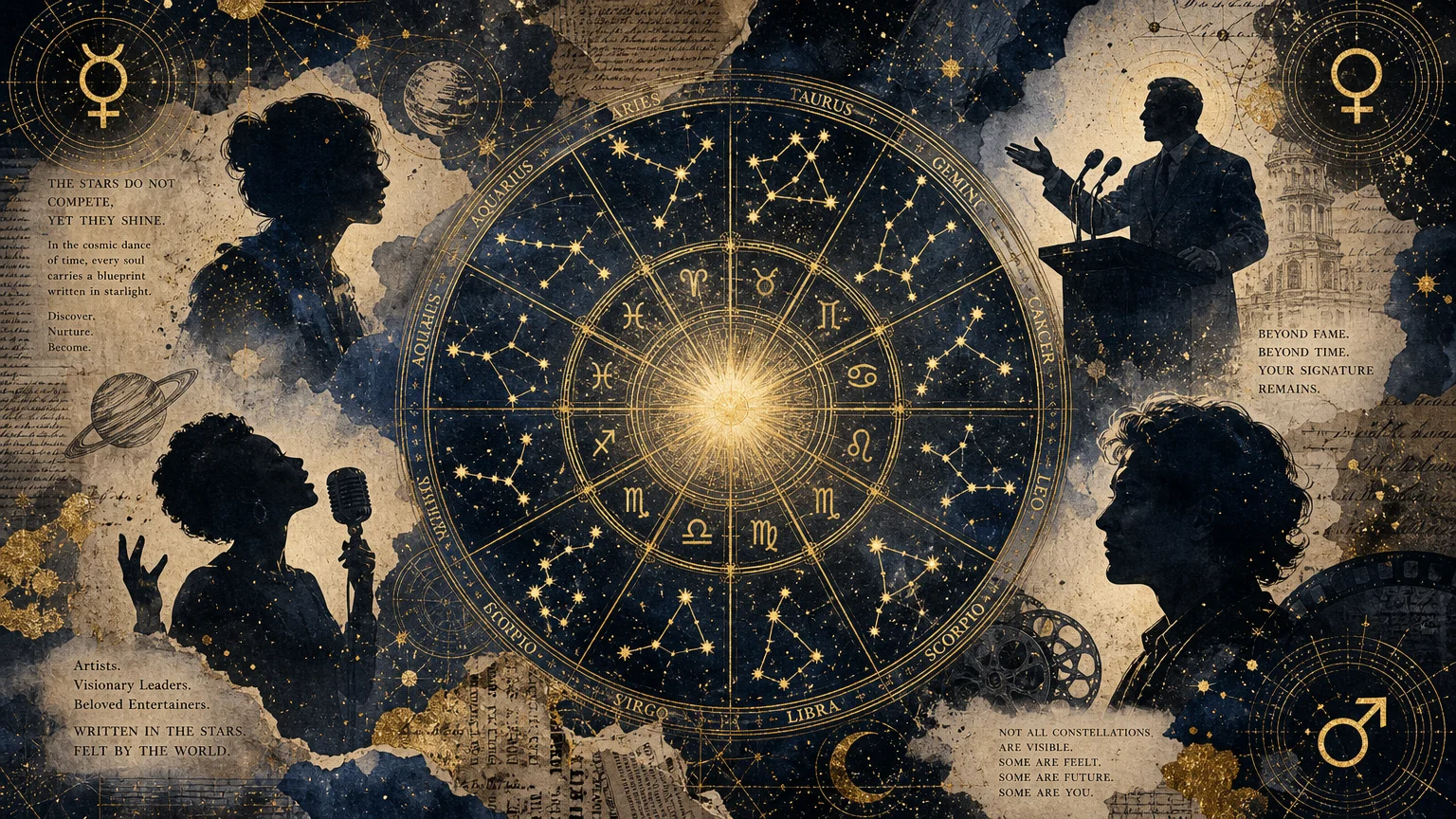 A mystical mixed media collage showing a golden zodiac wheel surrounded by silhouettes of performers and celestial symbols.