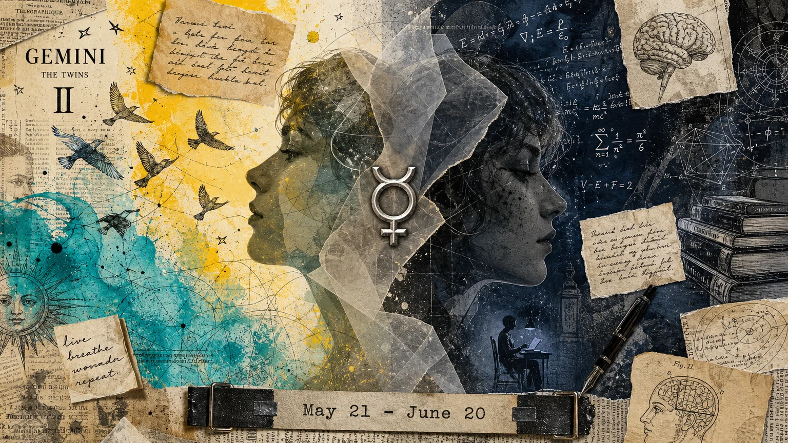 A split-color collage representing the duality of Gemini with two profiles and the dates May 21 - June 20.