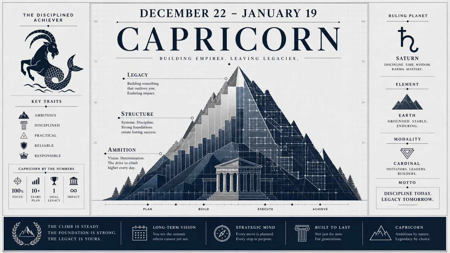 A structured gray and blue infographic of a mountain made of charts for the Capricorn sign.