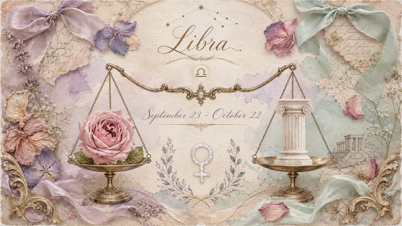 A symmetrical pastel collage with scales and flowers for the Libra zodiac sign.