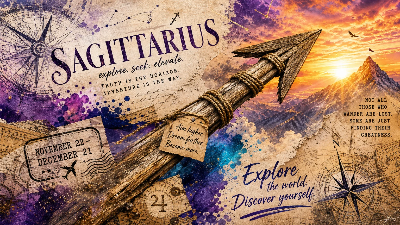 A vibrant collage with maps and an arrow for Sagittarius, dates November 22 - December 21.