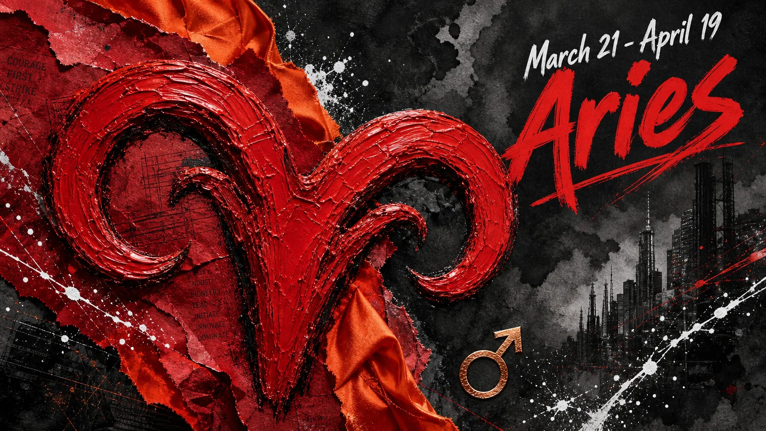 A vibrant red and orange collage featuring ram horns and the dates March 21 - April 19 for the Aries zodiac sign.