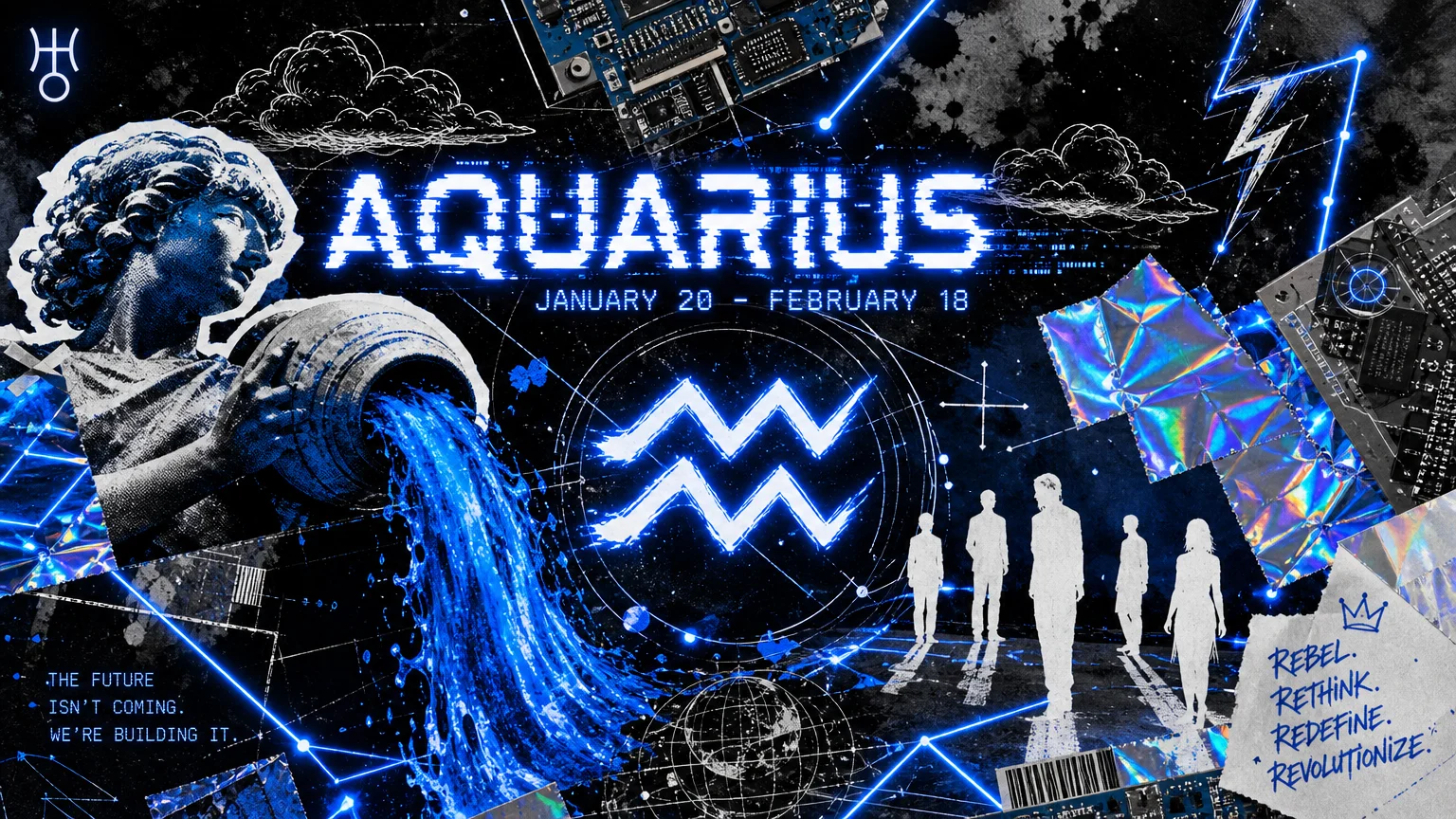 An electric blue and silver collage with circuit patterns for Aquarius, dates January 20 - February 18.