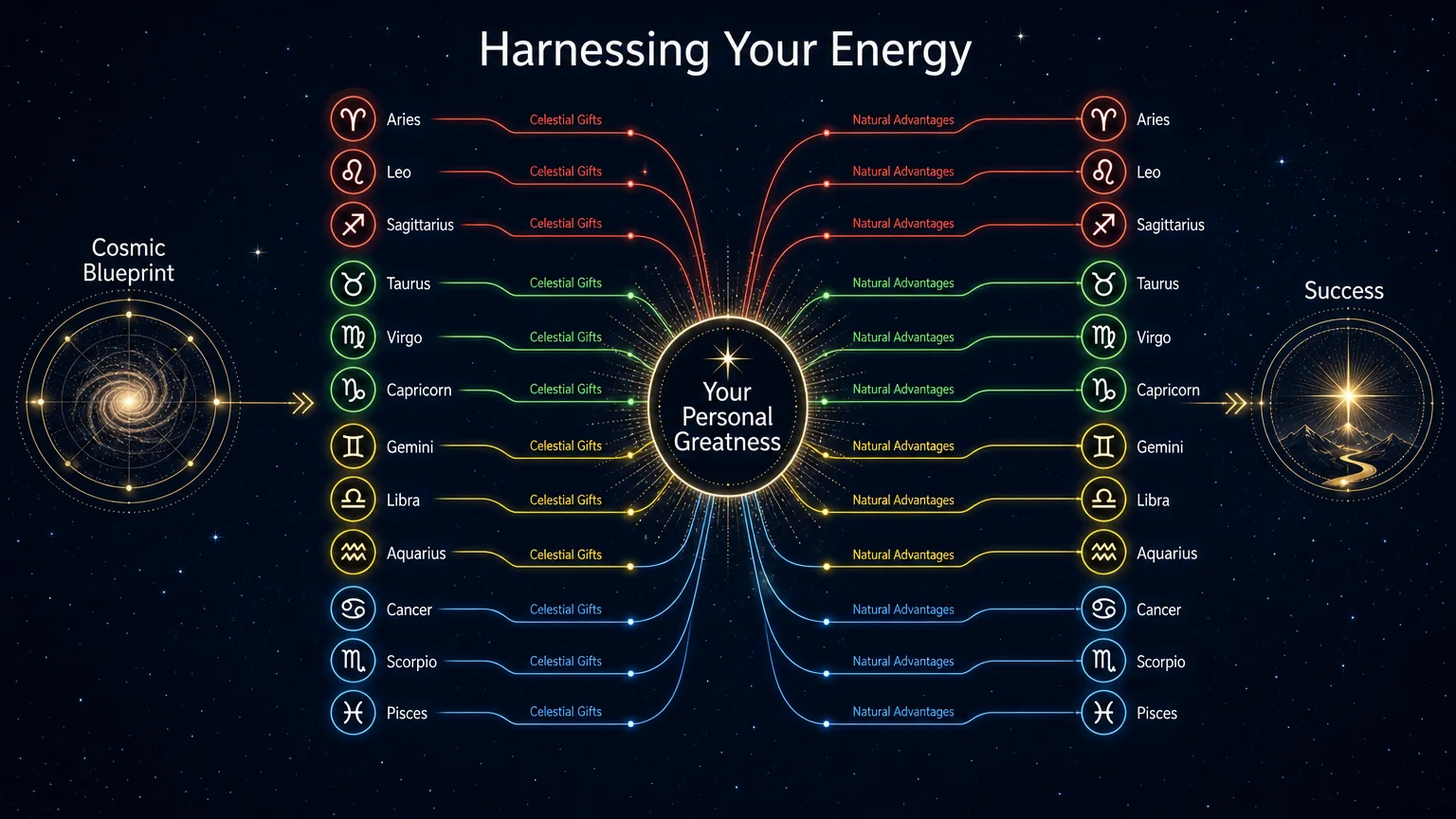 An elegant infographic map connecting the zodiac signs to the concept of personal greatness.