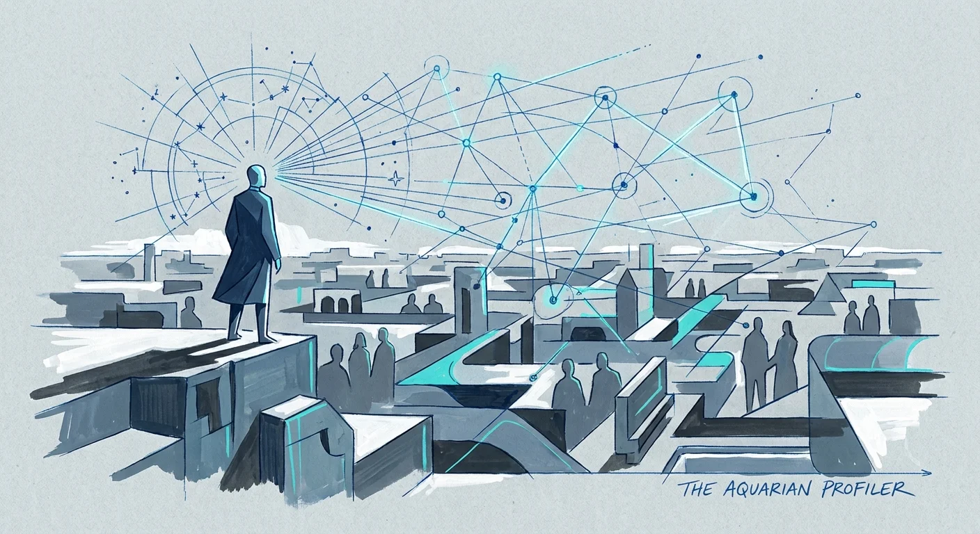 A cool-toned gouache illustration of a figure mapping out a grid of connections with blue blueprint lines.