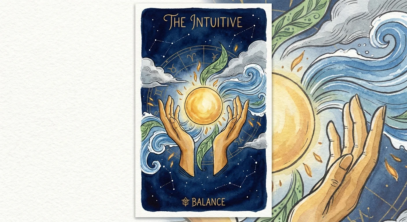 A gouache illustration of two hands holding a glowing golden orb, surrounded by symbols of the four elements and a zodiac wheel.