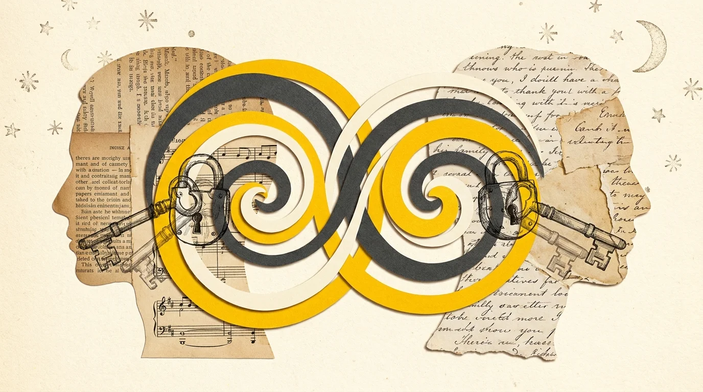 A mixed media collage of two facing profiles made of vintage book pages and sheet music, with key and lock sketches.