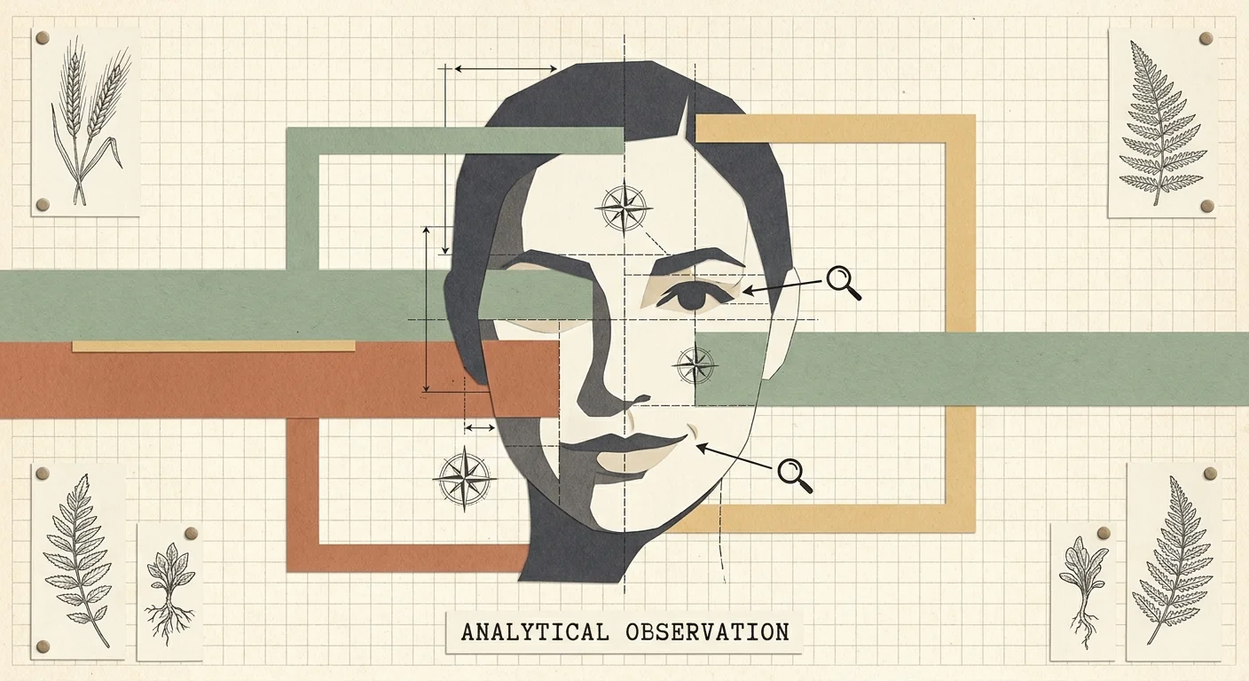 A structured paper collage of a segmented face silhouette with magnifying elements and earth tones on gridded paper.