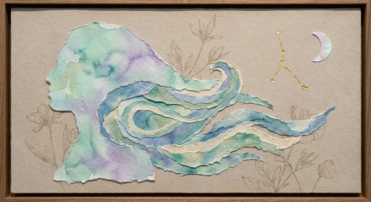 A textured paper collage of a silhouette absorbing soft watercolor currents of teal and lavender, featuring the Cancer constellation.