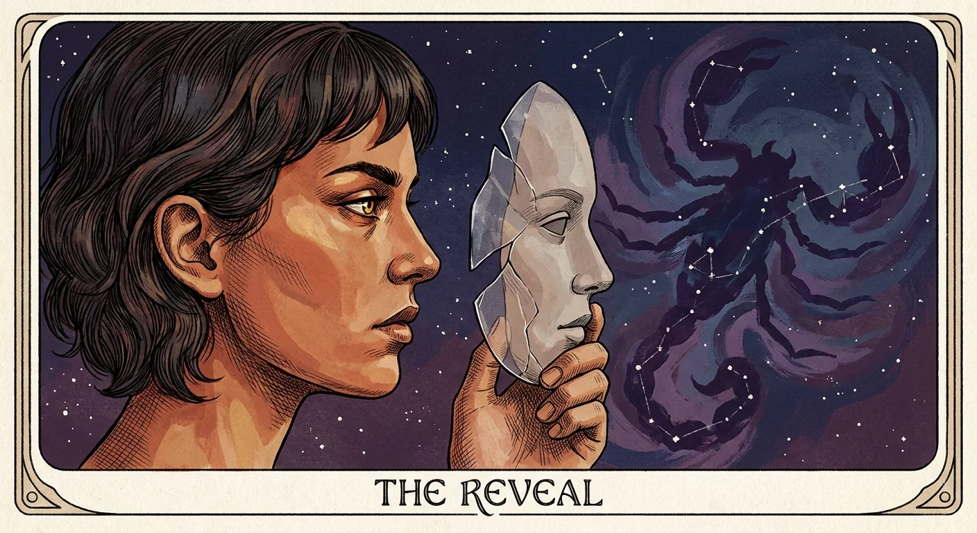 An ink and gouache illustration of an observant figure holding a cracked mask, with a scorpion silhouette under a starry sky.