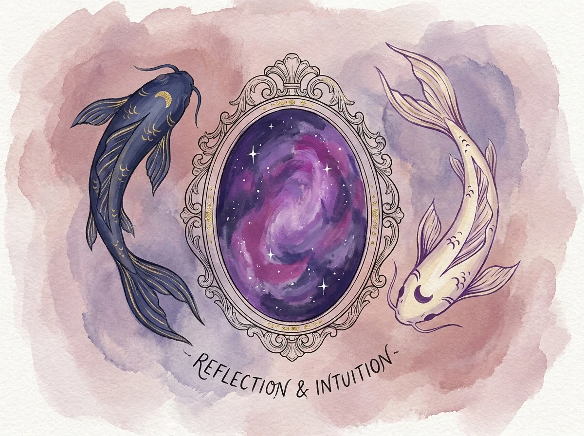 Gouache and ink illustration of two stylized fish swimming around an ornate mirror reflecting a starry purple cosmos.