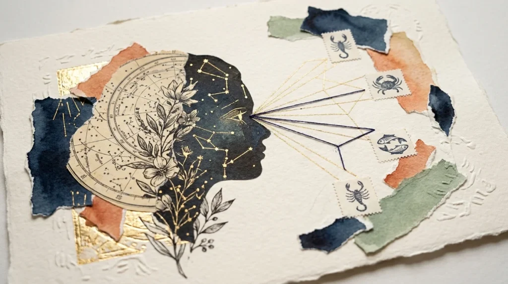 Mixed media paper collage of a human silhouette layered with astronomical charts and gold zodiac symbols on a textured background.