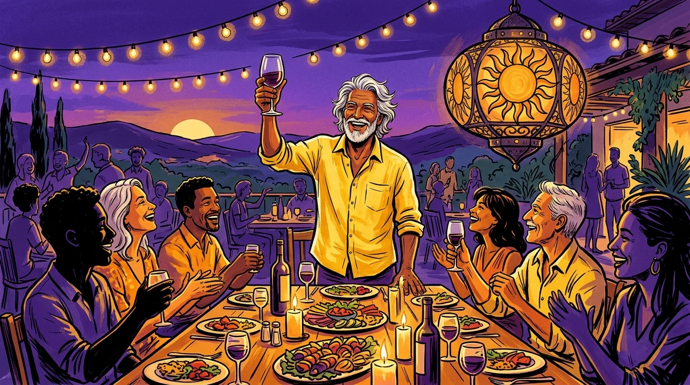 A bold gouache illustration of a charismatic silver-haired host raising a toast at a lively outdoor dinner party under string lights.